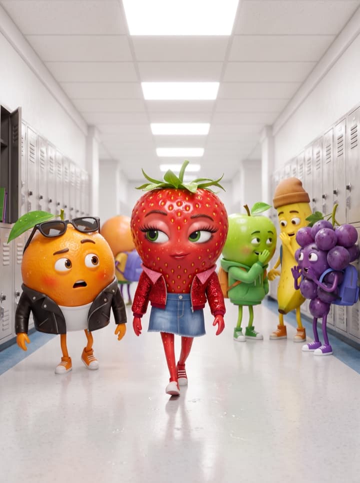 Des fruits en 3D brillante dans un couloir de lycée : une fraise en veste à paillettes avance devant, une orange, une pomme, une banane et une grappe de raisin font des messes basses.